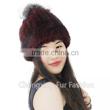 CX-C-239F Women Fashion Fox Fur Pom Pom Winter Knitted Mink Fur Hat photo-2