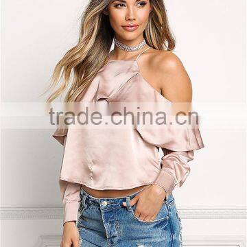 MGOO 2017 Latest Designs Women Satin Blouses Tops Plain Fashion Off Shoulder Crop Custom Ruffles Shirts photo-2