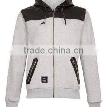 good quality mens grey plain zip-up hoodies with leather patches and hood