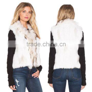 SJ325-01 New Arrival Knitting White Rabbit Fur Vest with Raccoon Fur Collar Short Design Furs Real