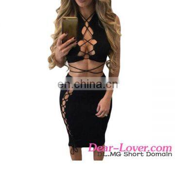Adult Women Clubwear Black Daring Sexy Lace Up Cut Out Two Piece Skirt Set