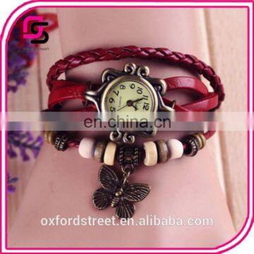 Ms Retro Hand-woven Imitation Leather Bracelet Watch Fashion and Colorful Butterfly Pendant Quartz Watch photo-6