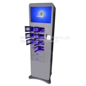 Self service free standing 19 inch touch screen cell phone charging station