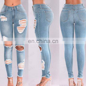 Fashion ripped hole Jeans Women High Waist Skinny Pencil Blue Denim Pants Girl Women washed Jeans all season