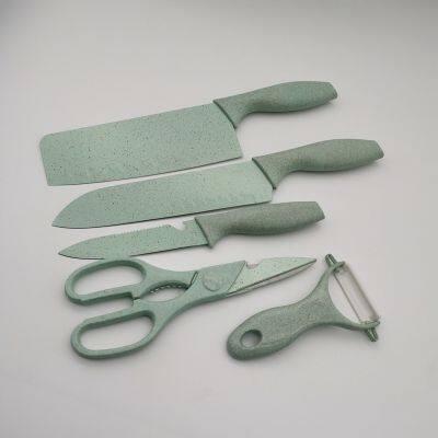 5pcs green color wheat straw nonstick coating knife set, 5 pieces non stick coating boxed knife set,5pcs Kitchen Knife Set with Non-Stick Coating