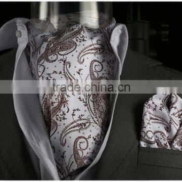 Brown White Pairsley Cravat, Brown scarf, with Pocket Square