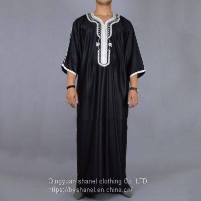 BS-113824 Men's Muslim Dresses Long Sleeve Striped Henley Shirts Kaftan Muslim Long Gown Thobe Robe for Men