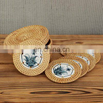 New Design Beautiful Rattan Coasters with holder Ceramic Pattern Centerpiece Cheapest Wholesale in Bulk