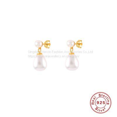S925 Sterling Silver Flower Pearl Earrings Studs With Diamond