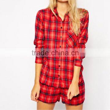 OEM cotton red plaid print shirts and shorts suit summer pajamas