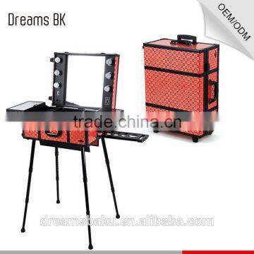 PVC professional rolling makeup beauty case with lighted mirror & stands