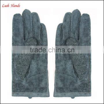 Fashion Ladies Back Dark Green Fabric and Palm Sheep Suede Gloves With Side Zipper photo-5