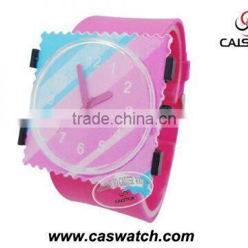 Classic post stamps face plastic watch customized dial with a changable wide band