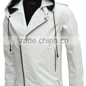 White Leather Hooded Custom Man Fashion Leather Jacket