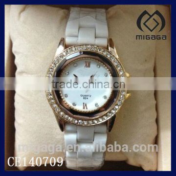 brand new white zirconia ceramic quartz watch,rhinestone bezel,japanese movement ceramic watch