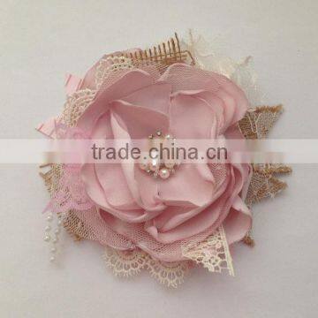 Pearl Satin Flower With lace,Burlap Flower with rhinestone for wedding                        
                                                Quality Choice