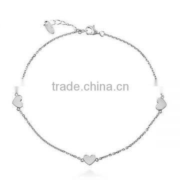 Heart Fashion Sterling Silver Anklet 9" + 1" Extender