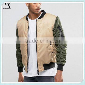 2016 Wholesale Man Bomber Jacket With Contrast Sleeves Lightweight Smooth Nylon Custom Bomber Jacket