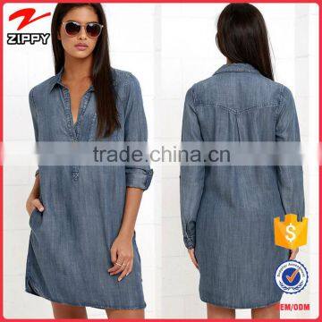 2016 New design women shirt dress long sleeve denim dress for women casual wear