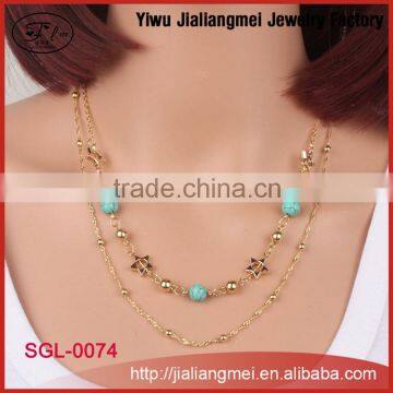 Fashion turquoise beads star metal charm pendant short double layers alloy necklace