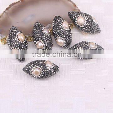 Natural Pink Pearl Beads with Crystal Zircon Connectors, Olive shape Freshwater Pearl Beads Druzy Gem stone Jewelry