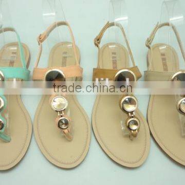 latest T-strap ladies basic fashion flat sandal with ring bling upper