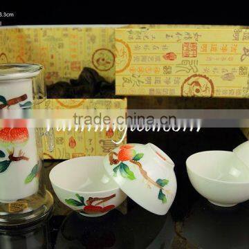 Jingdezhen Lychee Hand-painting Easy Tea-maker & Four Cups, in a gift box set