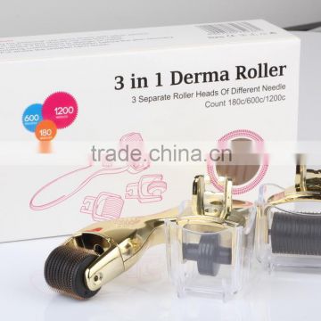 3 in 1 Titanium Derma Roller, 3 separate roller heads of different needle 180c 600c 1200c microneedle skin roller eye face body