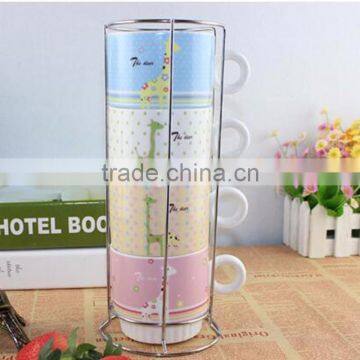 Porcelain 4 Stackable Coffee Mugs With Metallic Rack Set photo-4