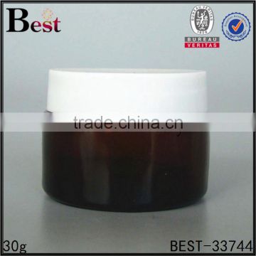 hot products cosmetics high quality 30g glass jar cost price straight round amber glass jar with white lid china suppliers