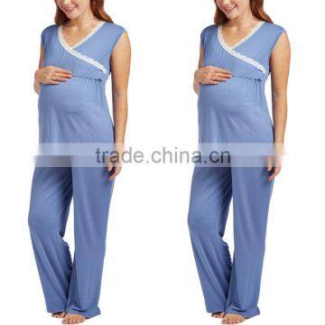 Top Selling Maternity Clothes Adult Summer Sleeveless Nursing Pyjamas Blue Lace Trim Casual Pajama Set For Party Costumes