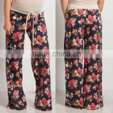 Polyester Rayon Spandex Navy Floral Drawstring Maternity Pajama Pants Maternity Wear Manufacturer