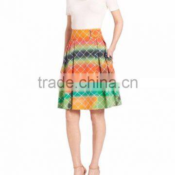 2016 Express Multi Color A-line High-Rise Waist Pleated Cotton Net-Print Midi Knee Length Skirt photo-2