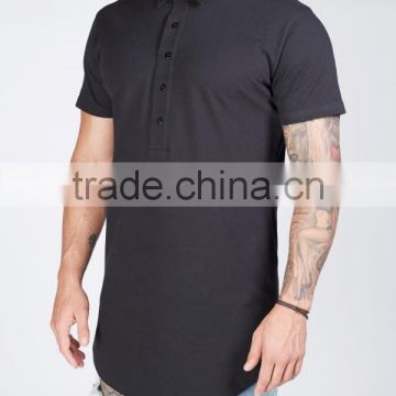 2016 New Arrival Fashion Design Mens Longline Curved Hem Polo Shirt Long Placket Polo T Shirt Black Cotton Polo Shirt