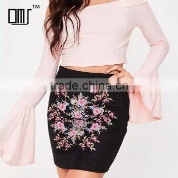 Side Zipped Embroidered Black Suede Stretchy Tight Mini Pencil Skirt