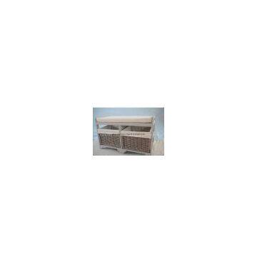 wooden bench with willow basket