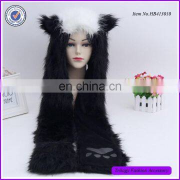 Black Fruffy Animal Hoods With Paw Pocket New Winter Hood Scarf