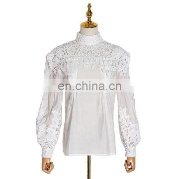 TWOTWINSTYLE Casual Hollow Out Shirt Blouse Women Stand Collar Lantern Long Sleeve Loose