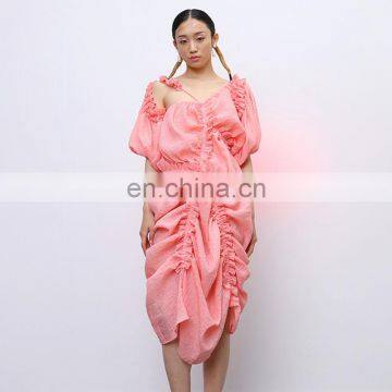 Elegant Irregular Asymmetrical Collar Lantern Sleeve High Waist Drawstring Dress Women photo-2
