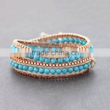 hot sale cheap customised multi layered suede cord wrapped turquoise bead bracelet