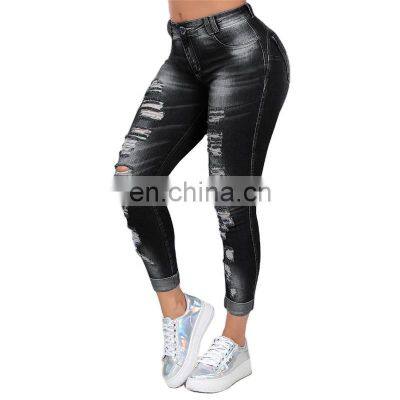 na0807 skinny stretch plus size ripped casual ladies nine-point pants feet pants personality trend pencil jeans wholesale