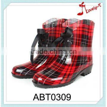 checked lace up women rain boots