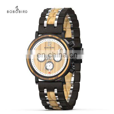 BOBO BIRD Chronograph Wristwatch Men Wood Watches with Date Week Display Stainless Steel Wood Band OEM