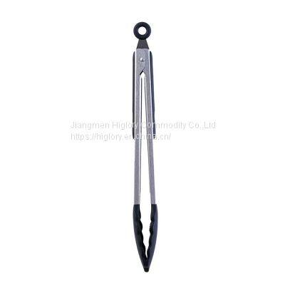 Premium quality anti slip stainless steel handle black locking kitchen tongs silicone food tong