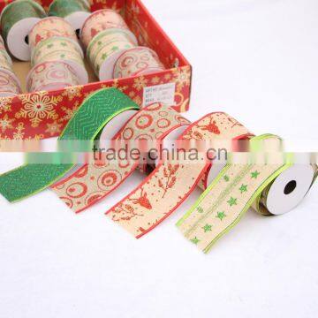 Jute material wire edge pattern printing holiday celebrated decorative ribbon factory price plastic roll packing