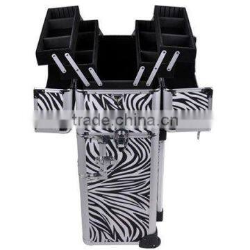 2in1 Zebra Aluminum Makeup Cosmetic Train Rolling Case Hair Style Lockable Box photo-2