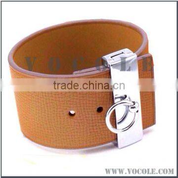 Wide brown genuine leather 33MM bangle design for unisex with ring pendant