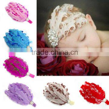 C63 New Baby Kids Infant Flower Elastic Hair Band Peacock Feather Lace Headband