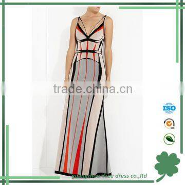 High quality floor length spaghetti strap print bandage evening dress