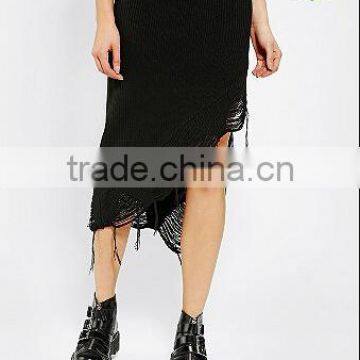 fancy high waist black long women's sweater skirt with fring on hem
